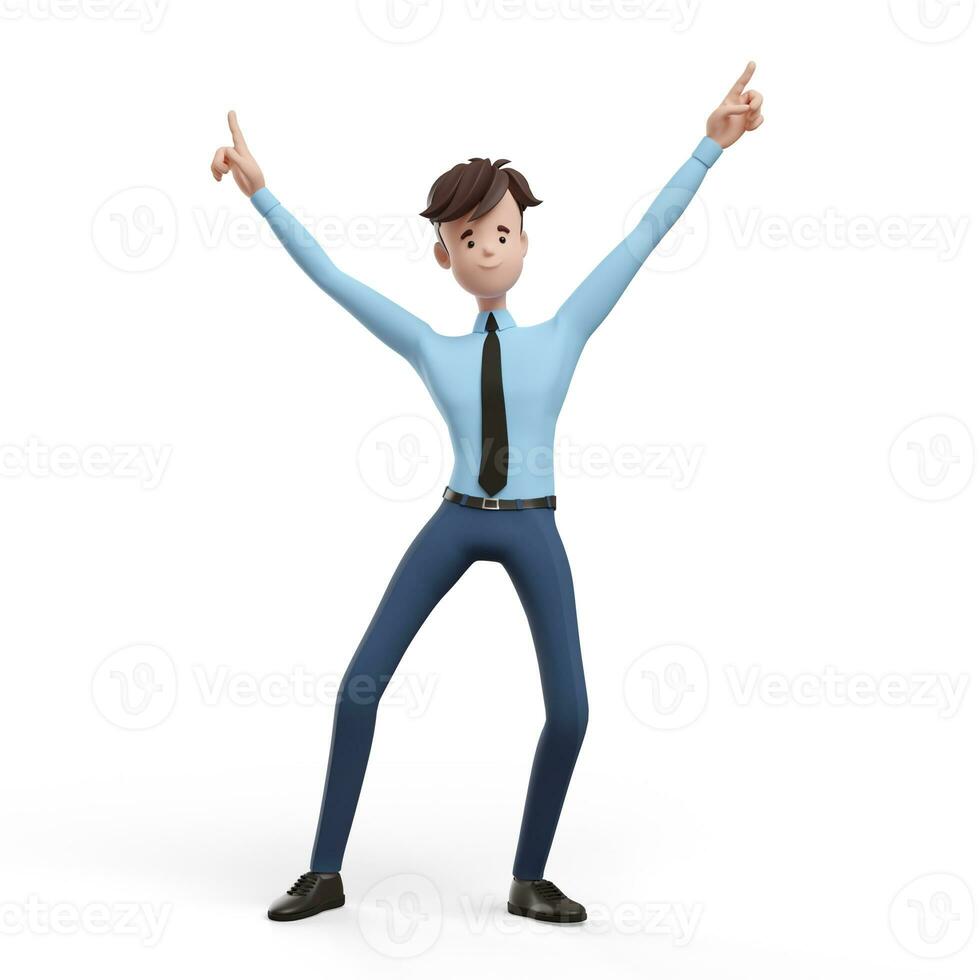 3d business man celebrating with his hands up. Portrait of a funny cartoon guy in a shirt and tie. Character manager, director, agent, realtor. 3d illustration isolated on white background photo