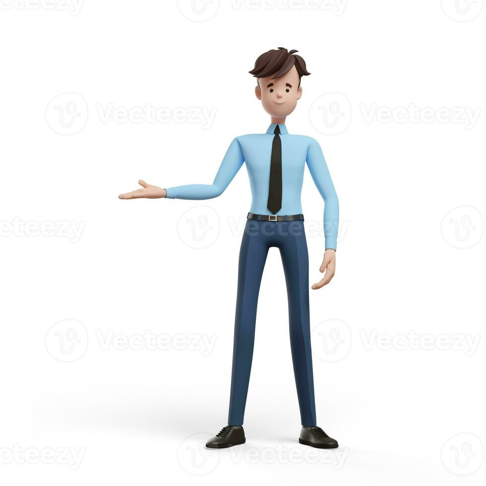 3D business man pointing with his hand in the direction. Portrait of a funny cartoon guy in a shirt and tie. Character manager, director, agent, realtor. 3D illustration on white background. photo