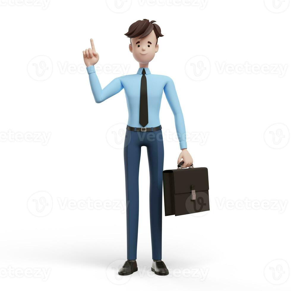 3D business man with a briefcase raised his index finger. Portrait of a funny cartoon guy in a shirt and tie. Character manager, director, agent, realtor. 3D illustration on white background. photo