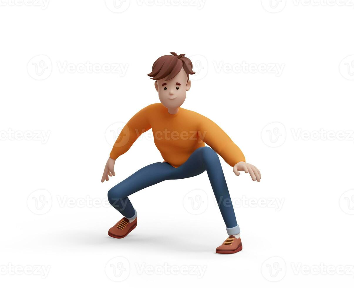 3d joven positivo hombre sentado en un dinámica superhéroe pose. retrato de un gracioso dibujos animados chico en casual ropa. minimalista estilizado personaje. 3d ilustración en blanco antecedentes. foto