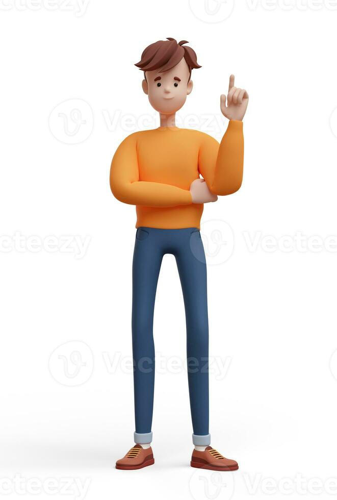 3D young positive man standing with index finger up. Portrait of a funny cartoon guy in casual clothes. Minimalistic stylized character. 3D illustration on white background. photo