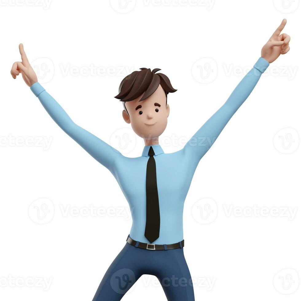 3d business man celebrating with his hands up. Portrait of a funny cartoon guy in a shirt and tie. Character manager, director, agent, realtor. 3d illustration isolated on white background photo