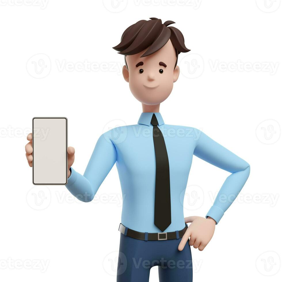 3D business man showing phone. Portrait of a funny cartoon guy in a shirt and tie. Character manager, director, agent, realtor. 3D illustration on white background. photo