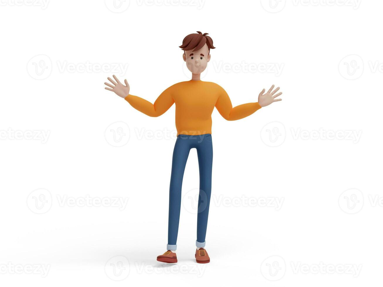 3D young positive man standing with open arms. Friendly gesture of hug, greeting. Portrait of funny cartoon guy in casual clothes, sweater and jeans. 3D illustration on white background. photo