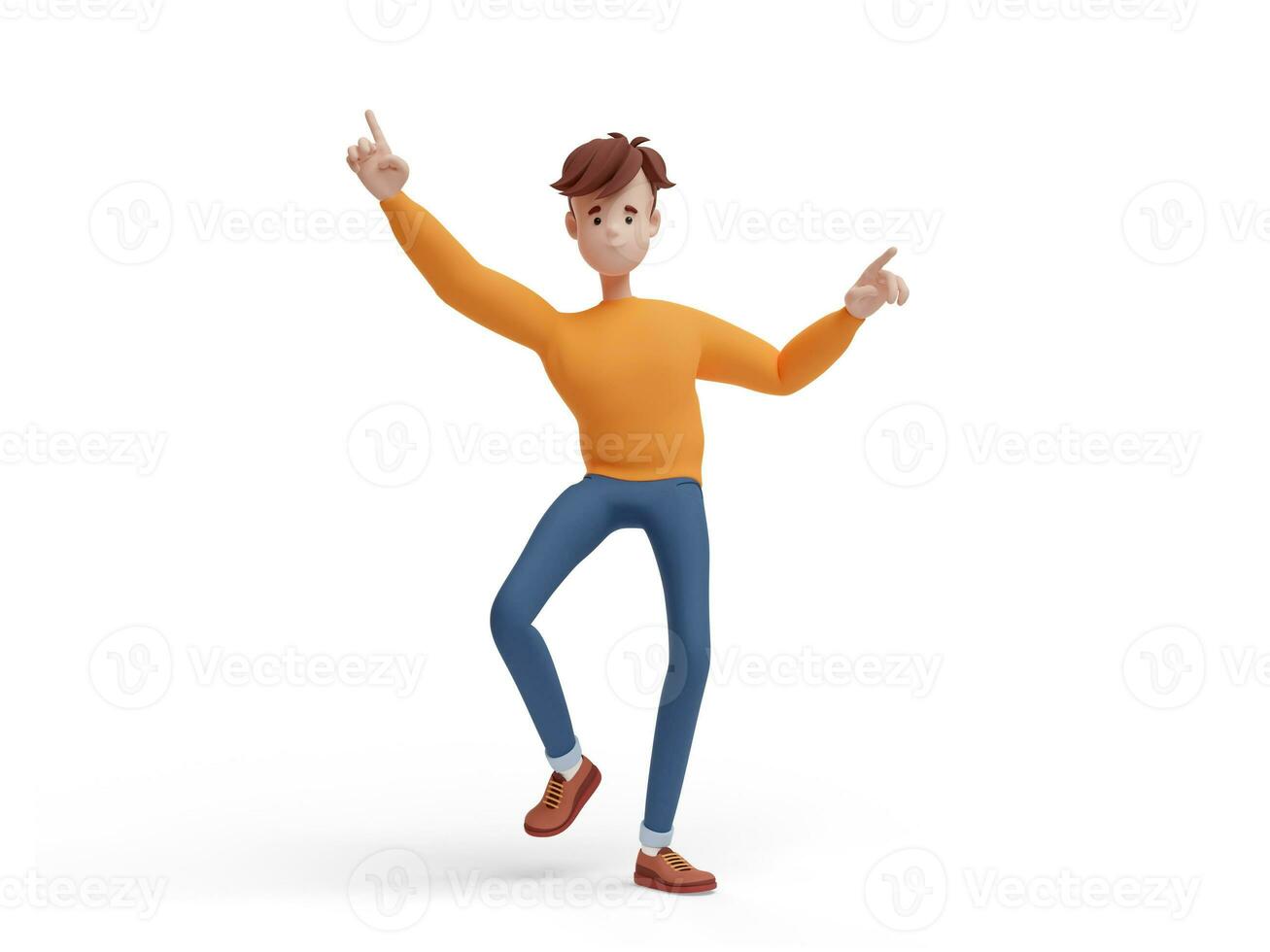 3d joven positivo hombre bailando con su índice dedos arriba. retrato de un gracioso dibujos animados chico en casual ropa, suéter y vaqueros. minimalista estilizado personaje. 3d ilustración en blanco antecedentes. foto