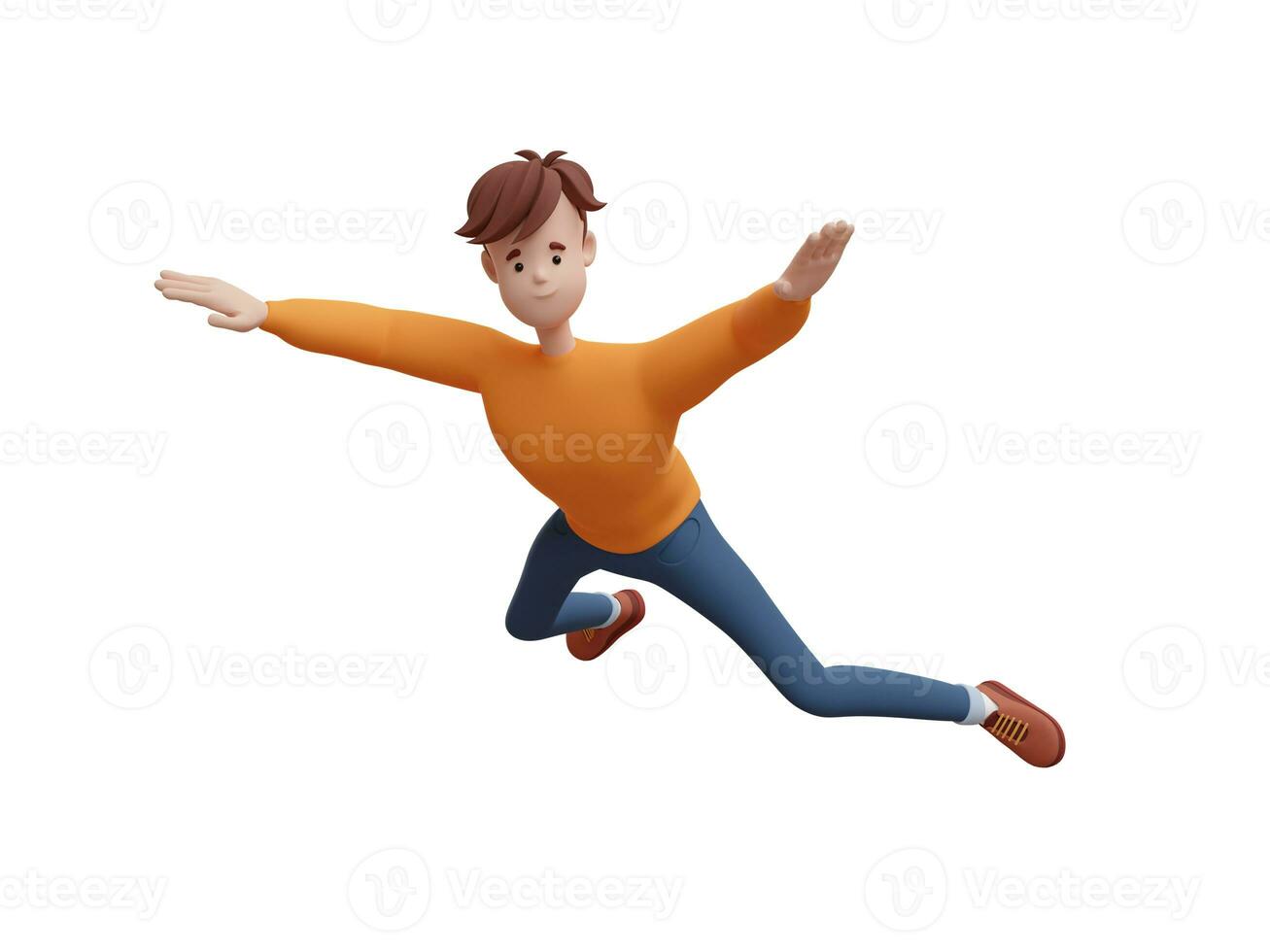 3D young positive man jumping, flying in a dynamic pose. Portrait of a funny cartoon guy in casual clothes. Minimalistic stylized character. 3D illustration on white background. photo
