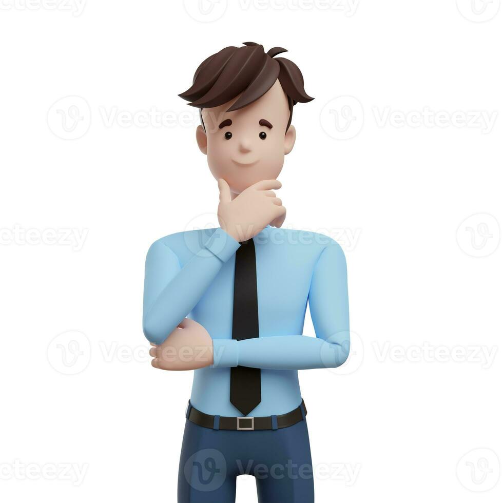 3D business man thinking. Portrait of a funny cartoon guy in a shirt and tie. Character manager, director, agent, realtor. 3D illustration on white background. photo