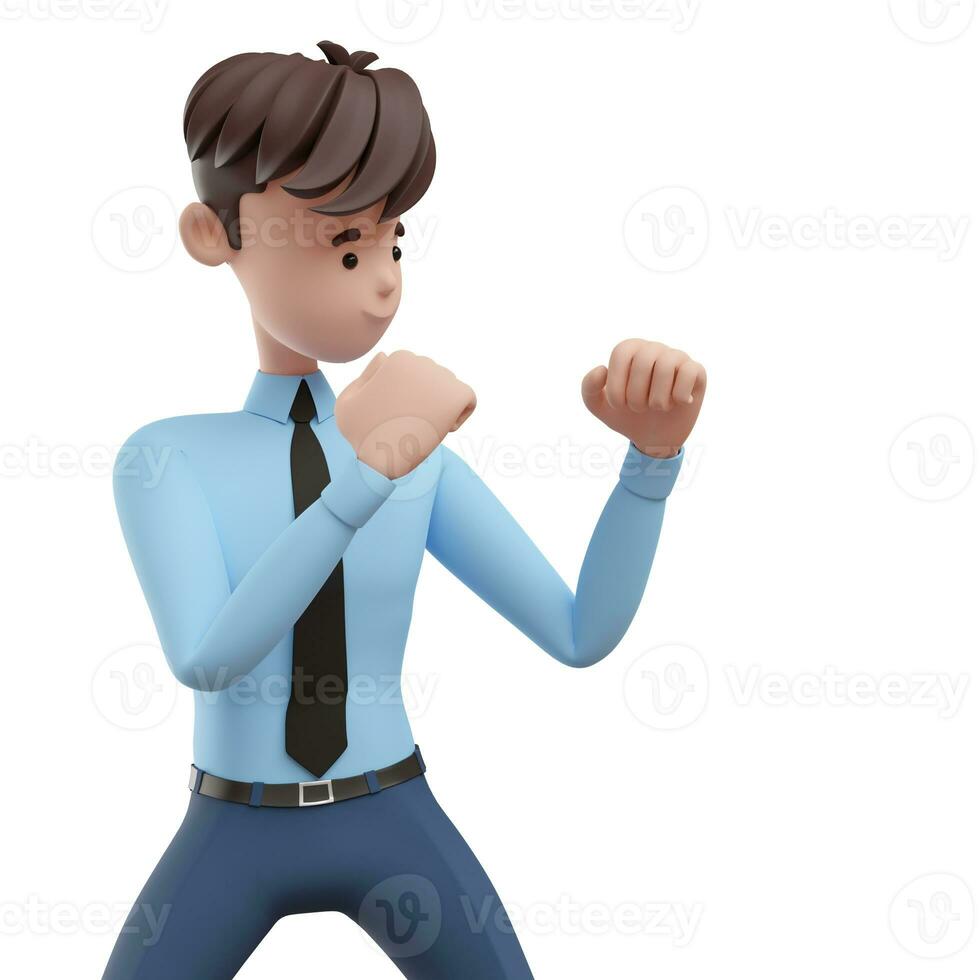 3D business man fighting like a boxer. Portrait of a funny cartoon guy in a shirt and tie. Character manager, director, agent, realtor. 3D illustration on white background. photo