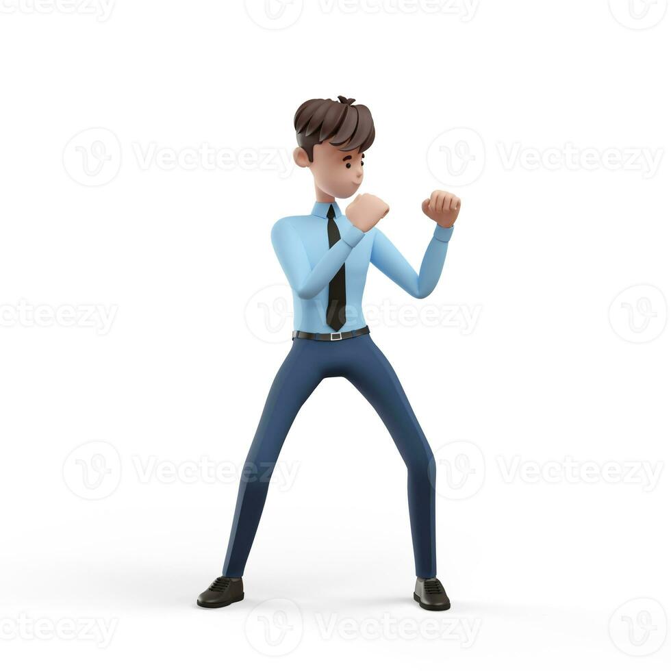 3D business man fighting like a boxer. Portrait of a funny cartoon guy in a shirt and tie. Character manager, director, agent, realtor. 3D illustration on white background. photo