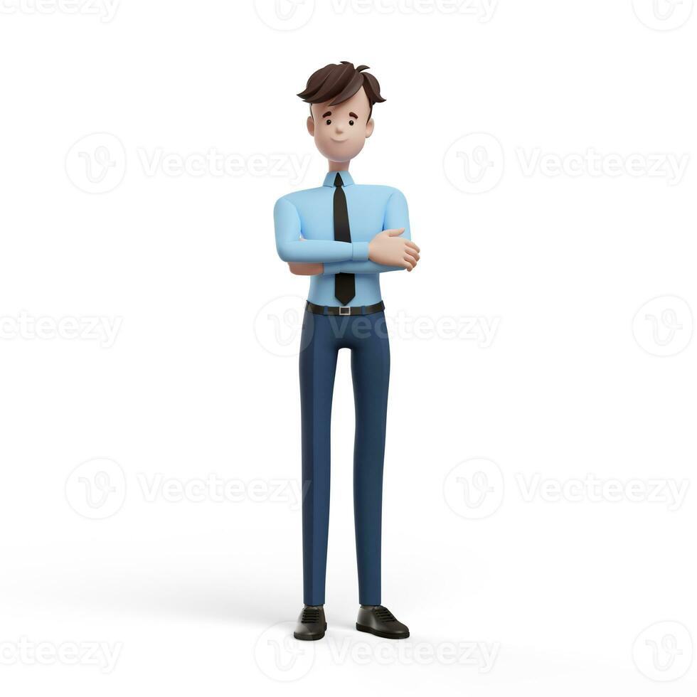 3D business man with cross hands. Portrait of a funny cartoon guy in a shirt and tie. Character manager, director, agent, realtor. 3D illustration on white background. photo