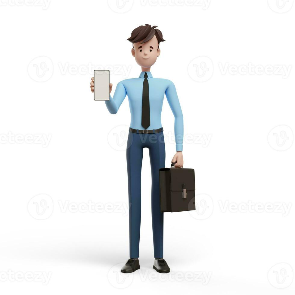 3d negocio hombre con un maletín demostración teléfono. retrato de un gracioso dibujos animados chico en un camisa y atar. personaje gerente, director, agente, corredor de bienes raíces. 3d ilustración en blanco antecedentes. foto