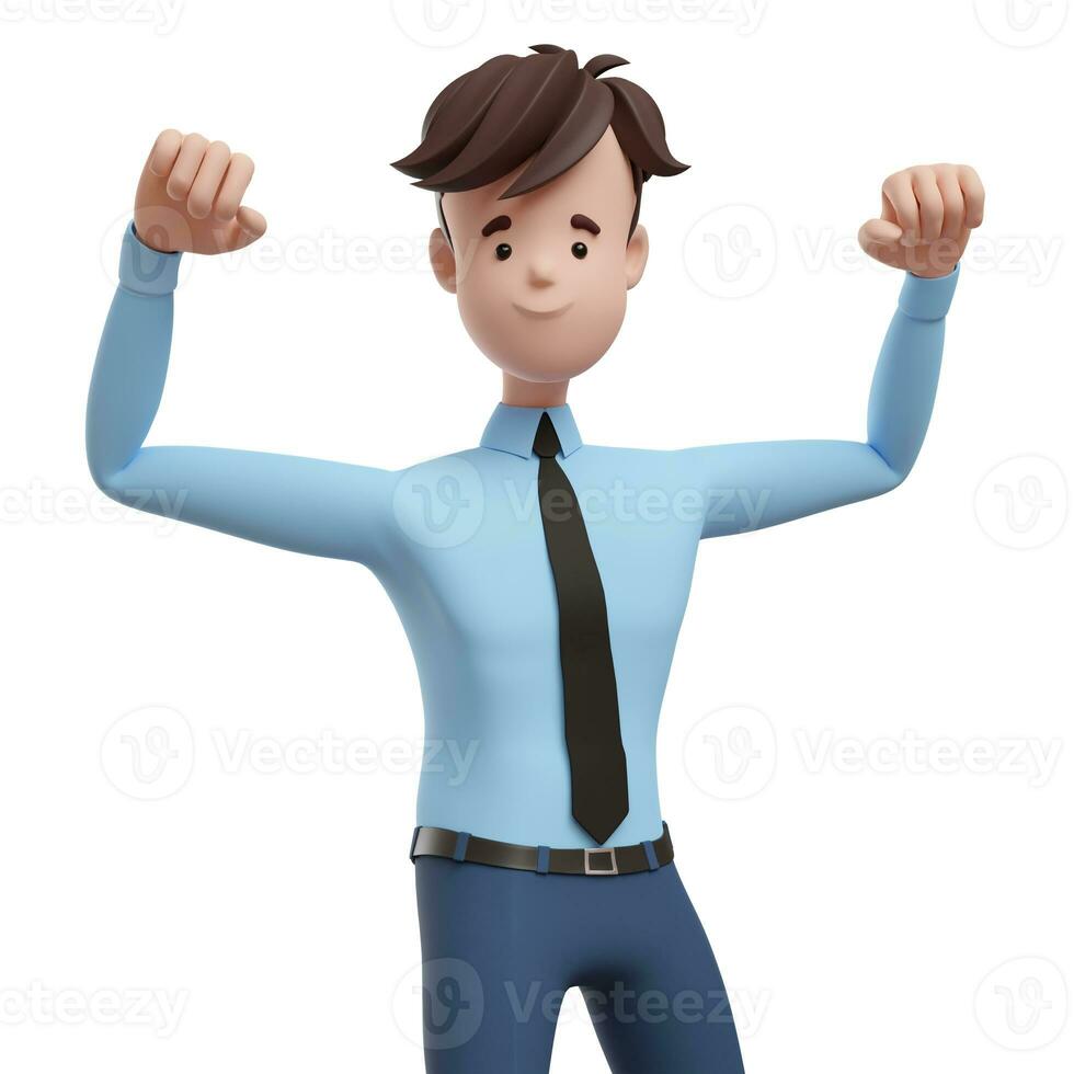 3D business man fists up like a winner, body builder. Portrait of a funny cartoon guy in a shirt and tie. Character manager, director, agent, realtor. 3D illustration on white background. photo