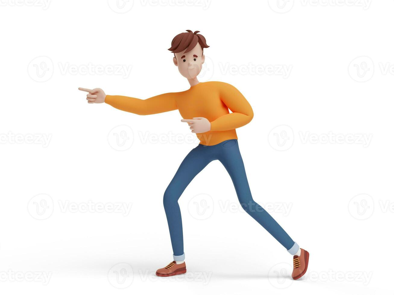 3D young positive man pointing in the direction. Portrait of a funny cartoon guy in casual clothes, sweater and jeans. Minimalistic stylized character. 3D illustration on white background. photo