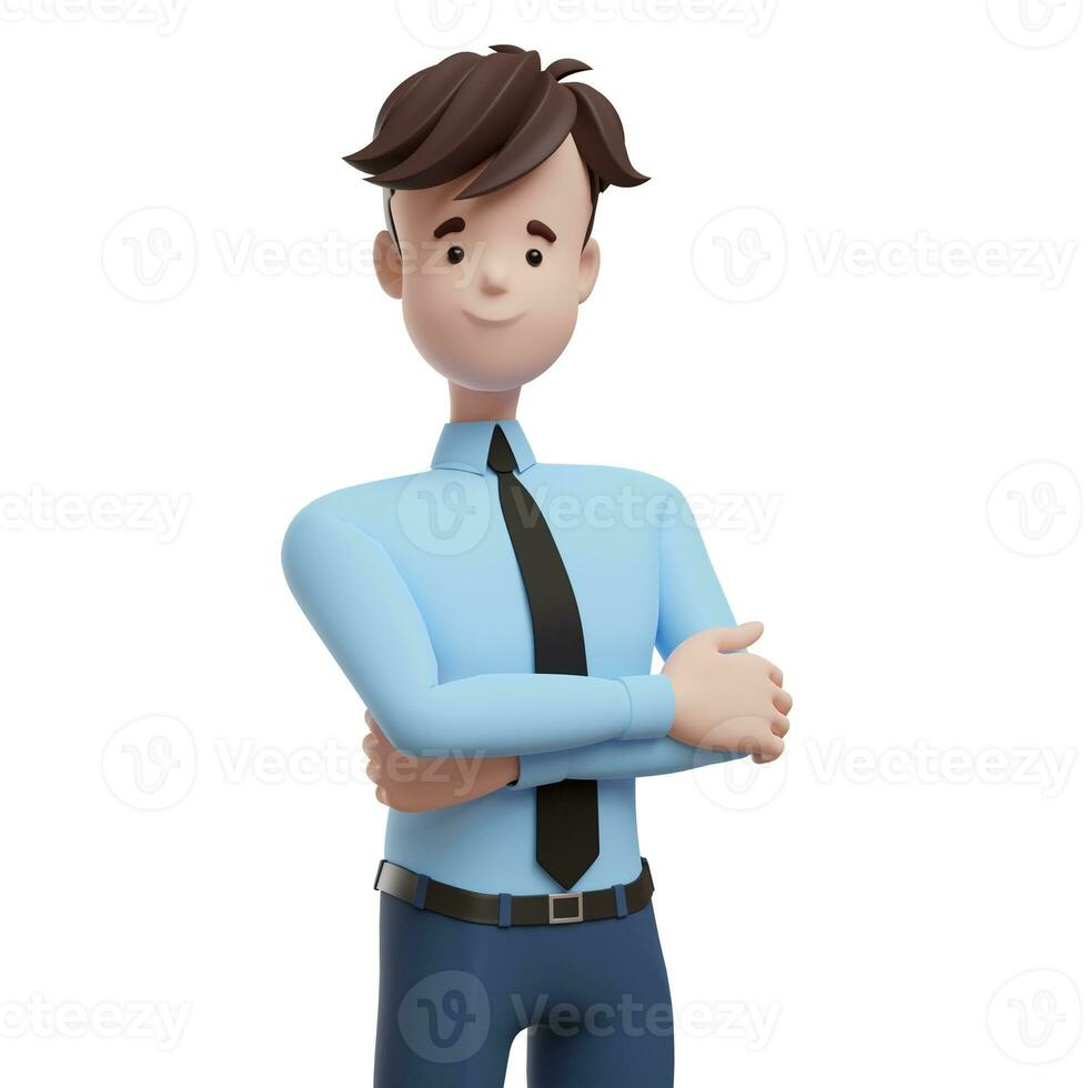 3D business man with cross hands. Portrait of a funny cartoon guy in a shirt and tie. Character manager, director, agent, realtor. 3D illustration on white background. photo