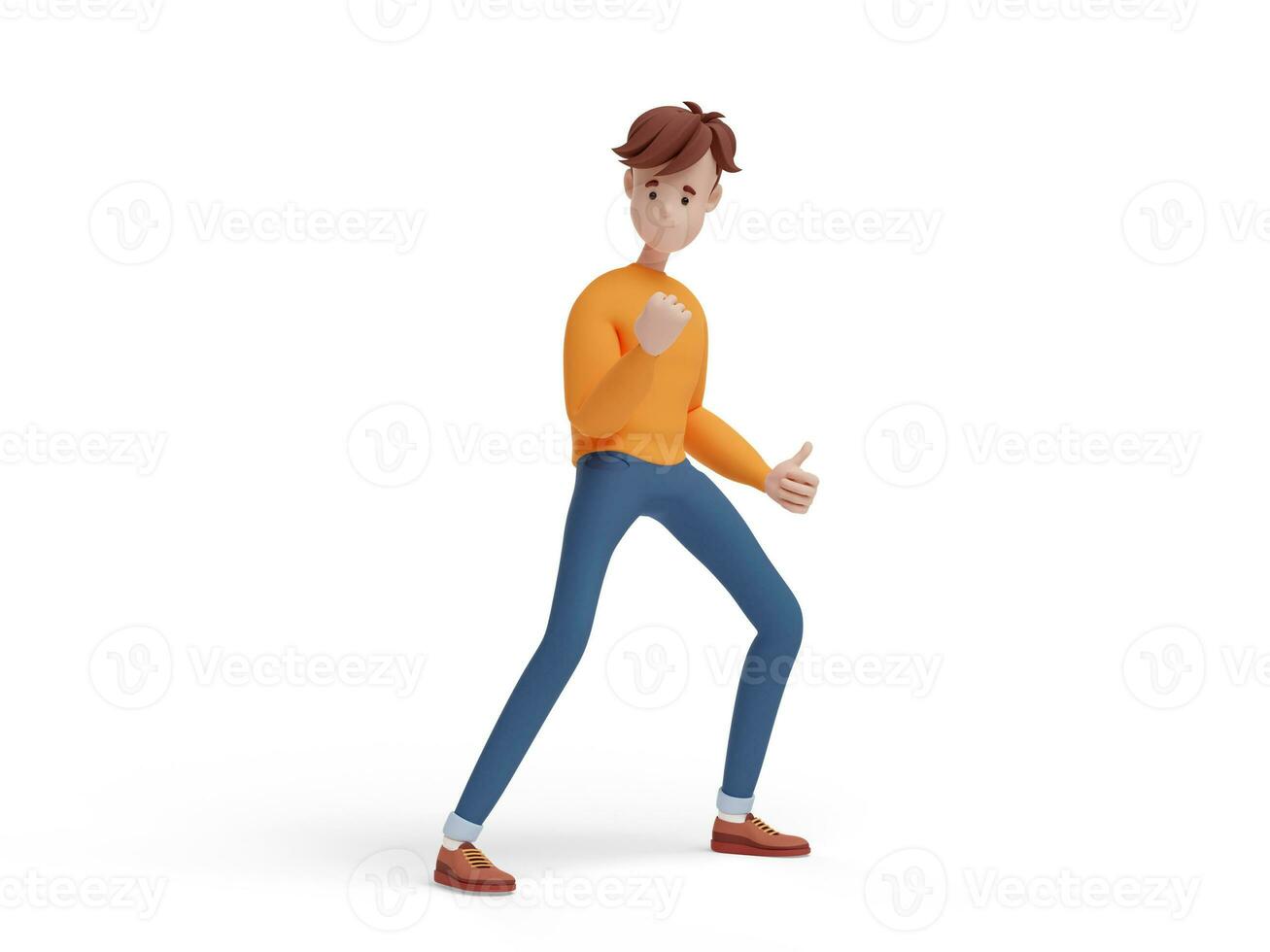 3D young positive man, victory gesture, clenched fist. Portrait of a funny cartoon guy in casual clothes, sweater and jeans. Minimalistic stylized character. 3D illustration on white background. photo