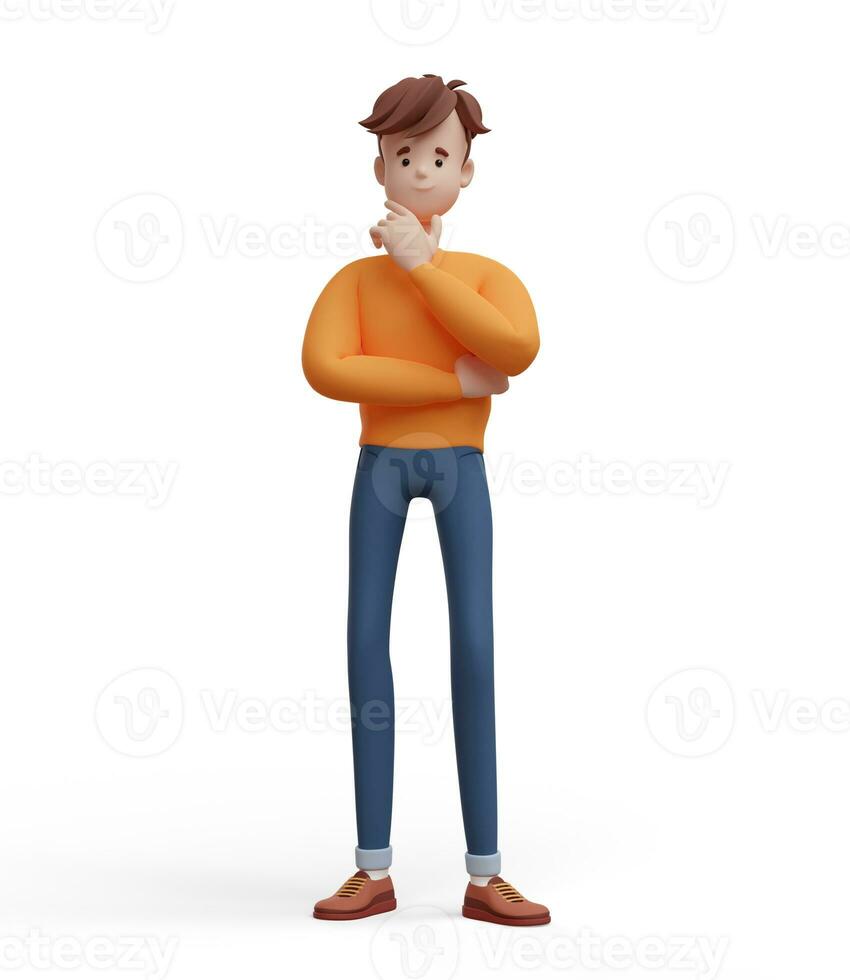 3d joven positivo hombre pensamiento, decidiendo, soñando retrato de un gracioso dibujos animados chico en casual ropa. minimalista estilizado personaje. 3d ilustración en blanco antecedentes. foto