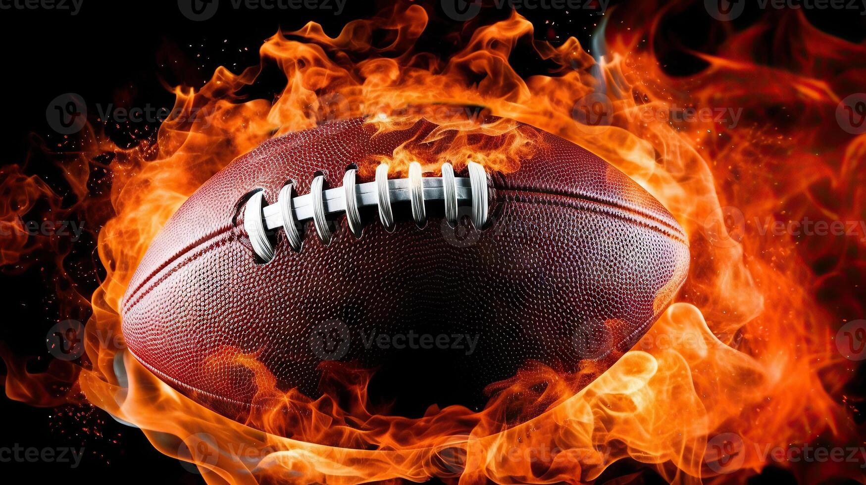 americano fútbol americano pelota en fuego, de cerca, aislado en negro. generativo ai. foto