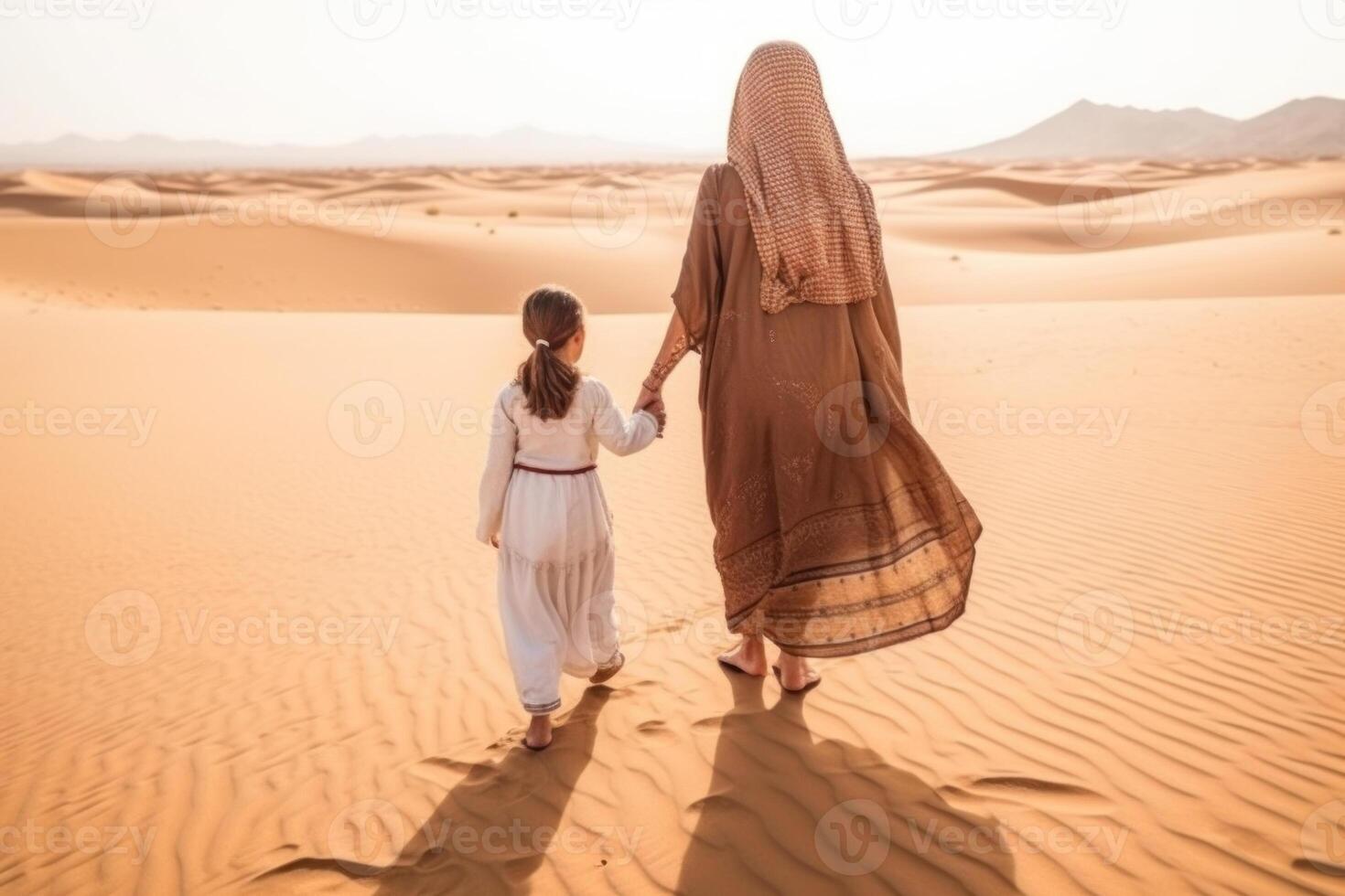 madre y hija caminando juntos en el desierto. generativo ai. foto