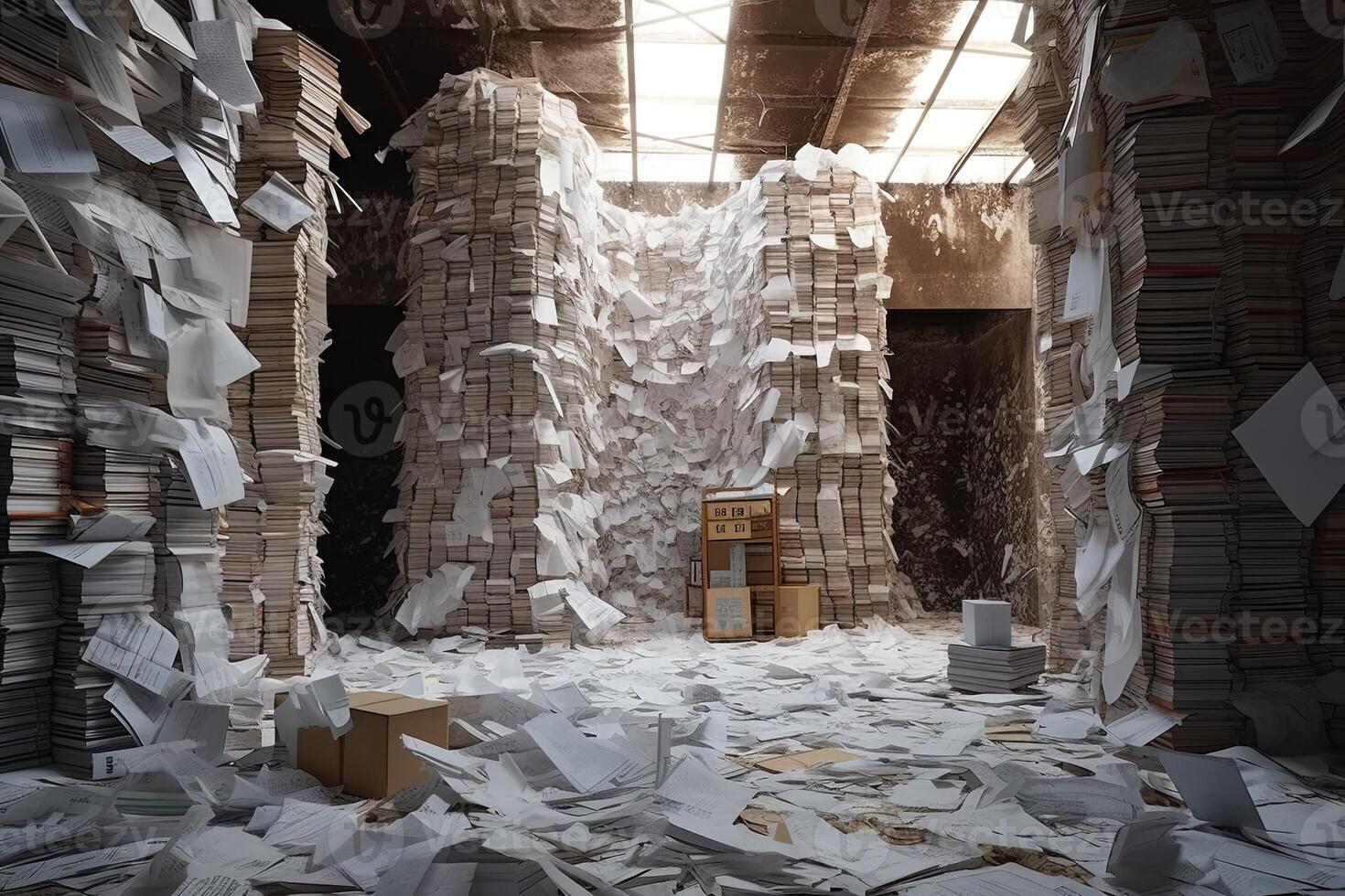Huges piles of old paper archive wide angle view illustration photo
