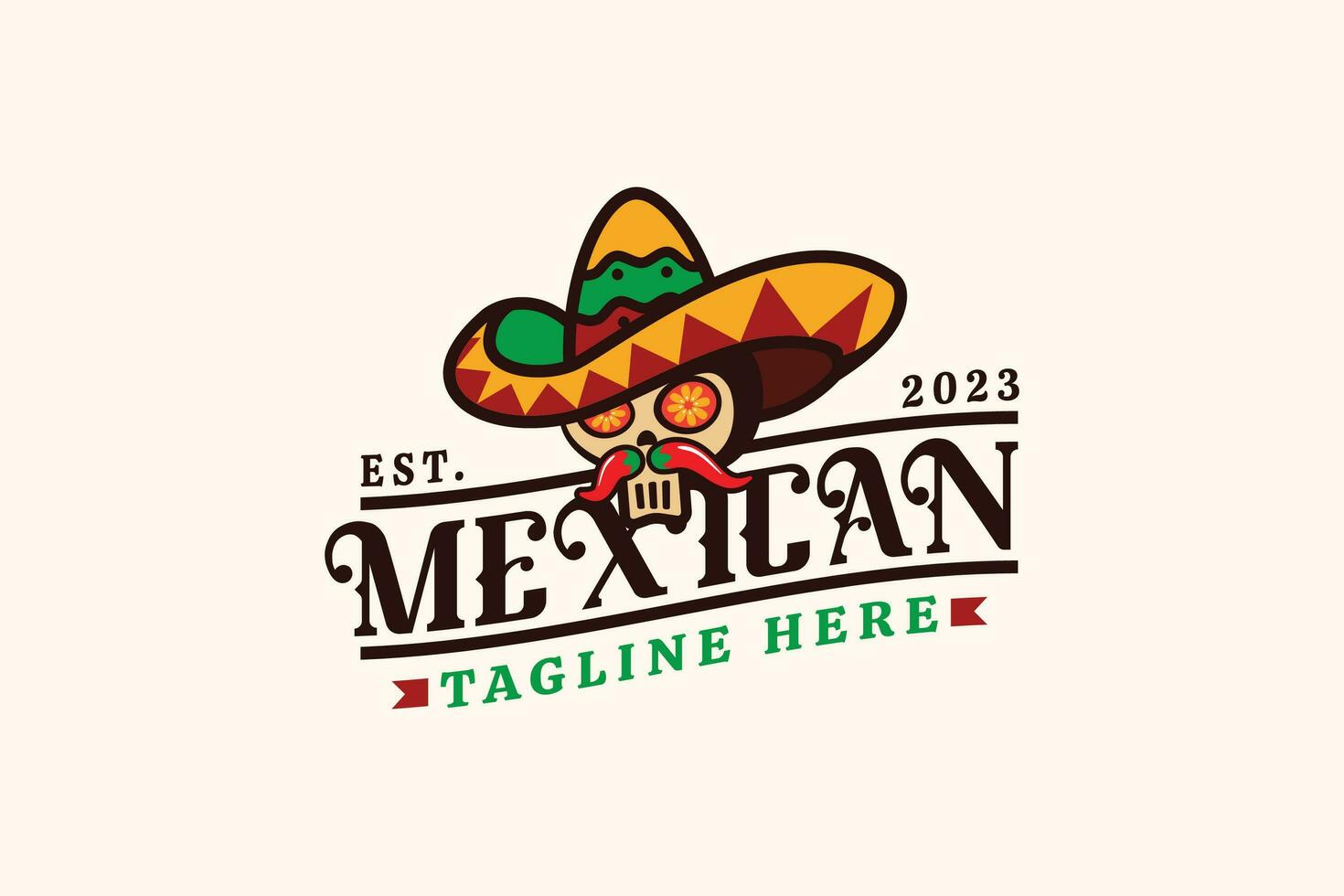 mexicano restaurante logo con un combinación de un cráneo, sombrero sombrero, y hierbas en Clásico estilo. vector