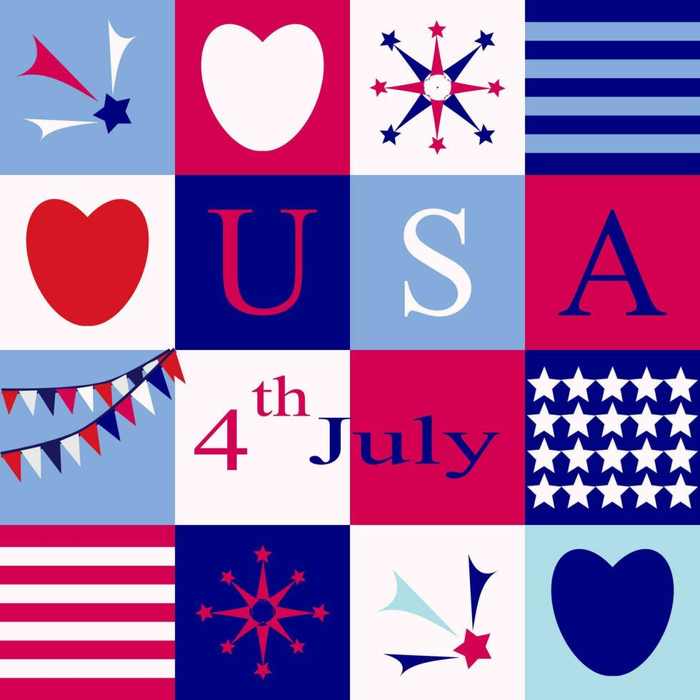 Independence day of USA, July fourth celebration. Stars and stripes, fireworks, hearts, letters, American flags in red, white and blue on each square box. vector