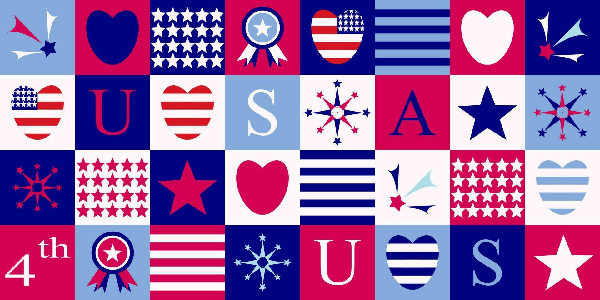 4th July independence day of celebration. Stars and stripes, fireworks, hearts, letters, and American flags in red, white, and blue on each square box. Seamless vector design.