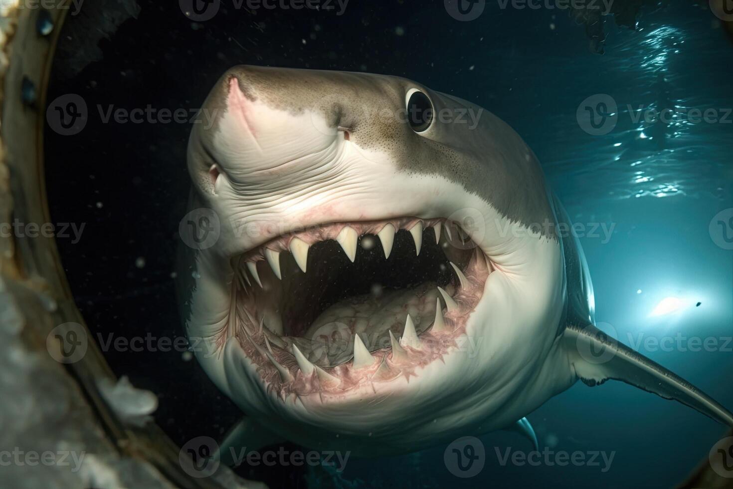 tiburón viniendo a usted abierto boca mandíbulas ilustración subacuática generativo ai foto