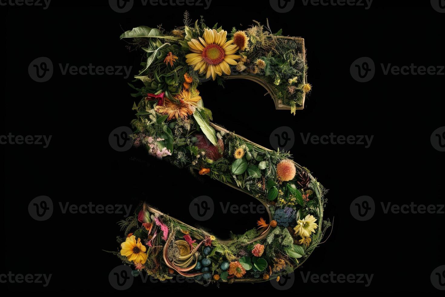 S alphabet letter made out of leaves plants and flowers isolated on black background illustration photo