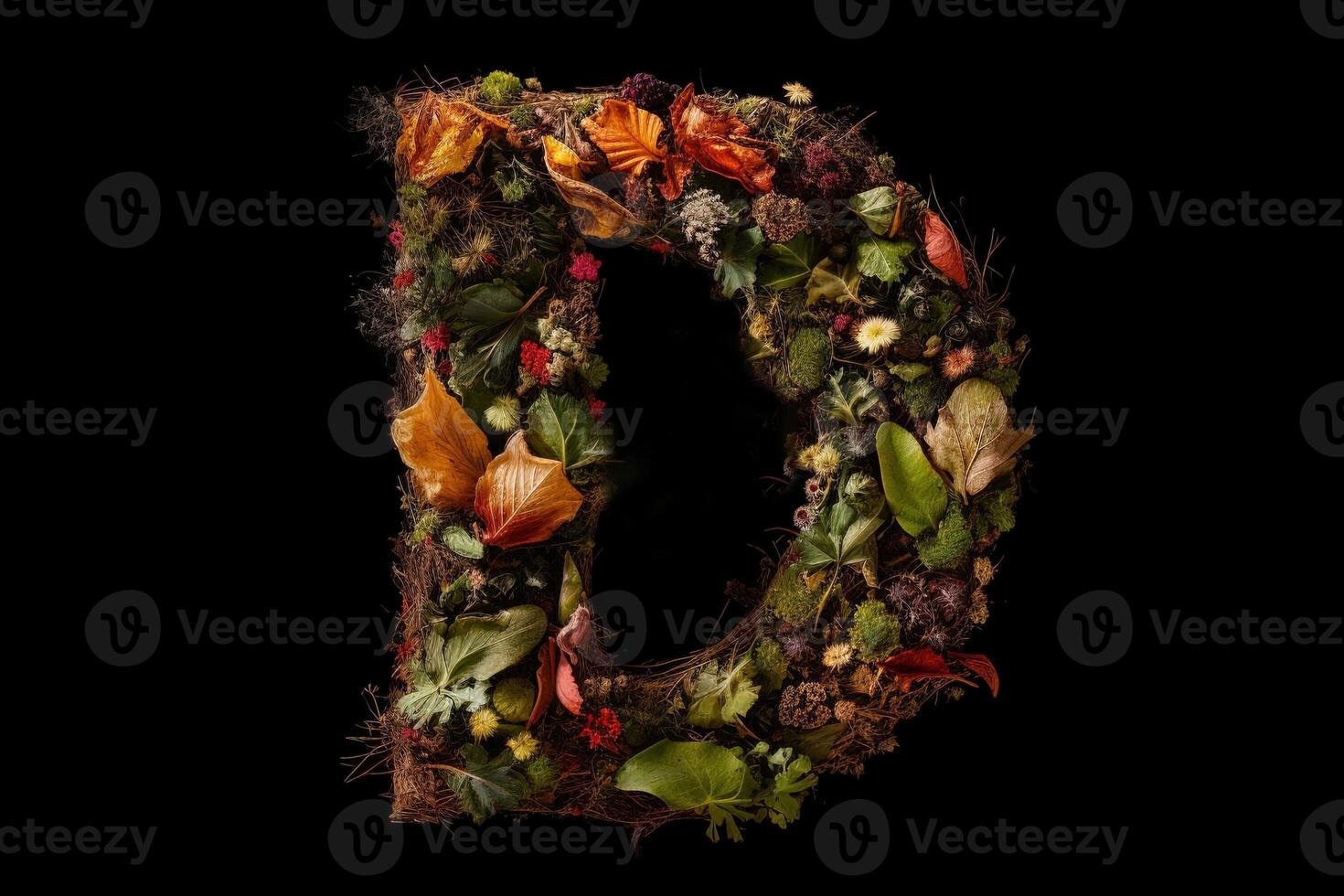 D alphabet letter made out of leaves plants and flowers isolated on black background illustration photo