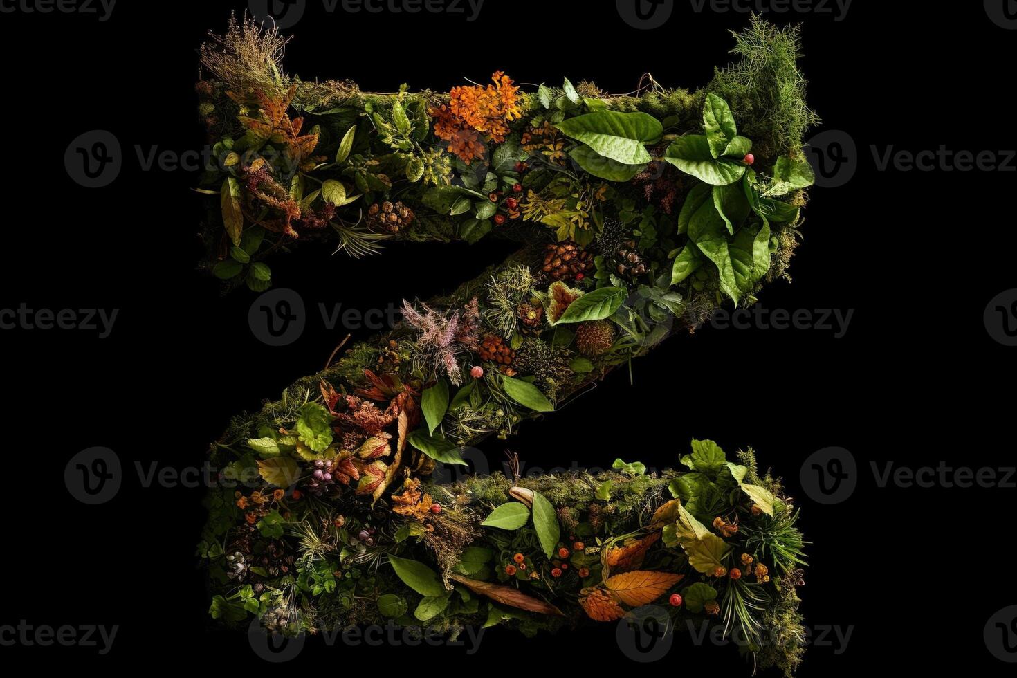 Z alphabet letter made out of leaves plants and flowers isolated on black background illustration photo