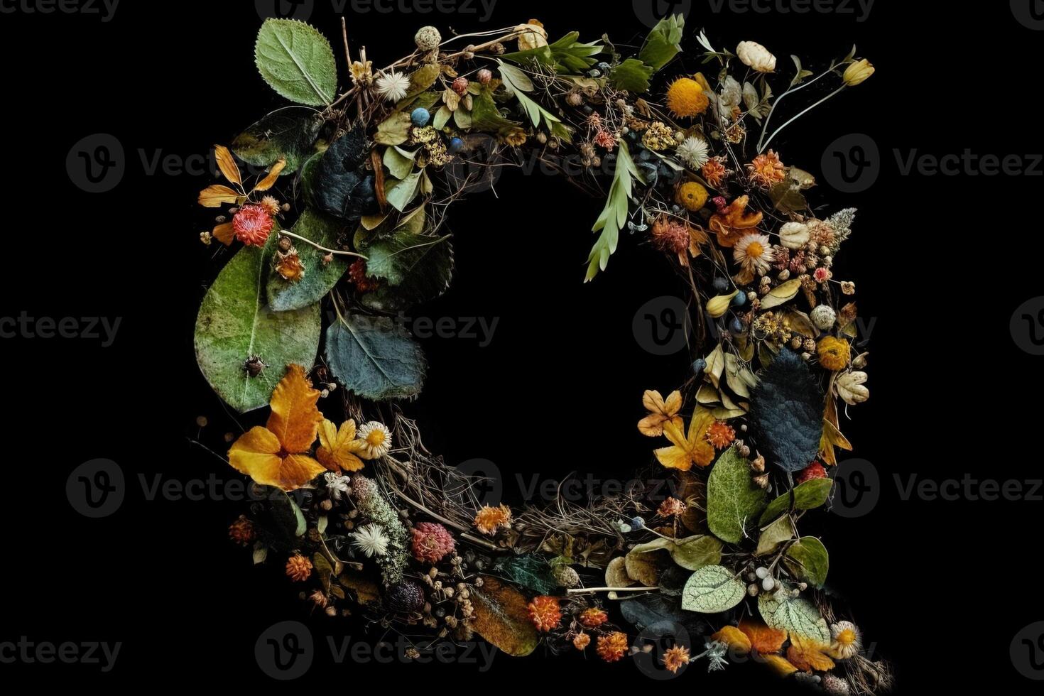 Q alphabet letter made out of leaves plants and flowers isolated on black background illustration photo