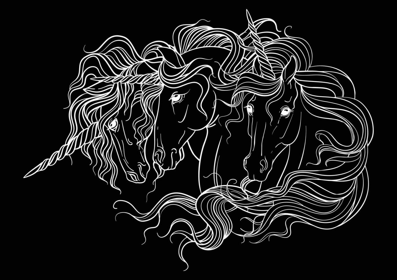 vector colorante Tres cabezas de unicornios blanco en negro