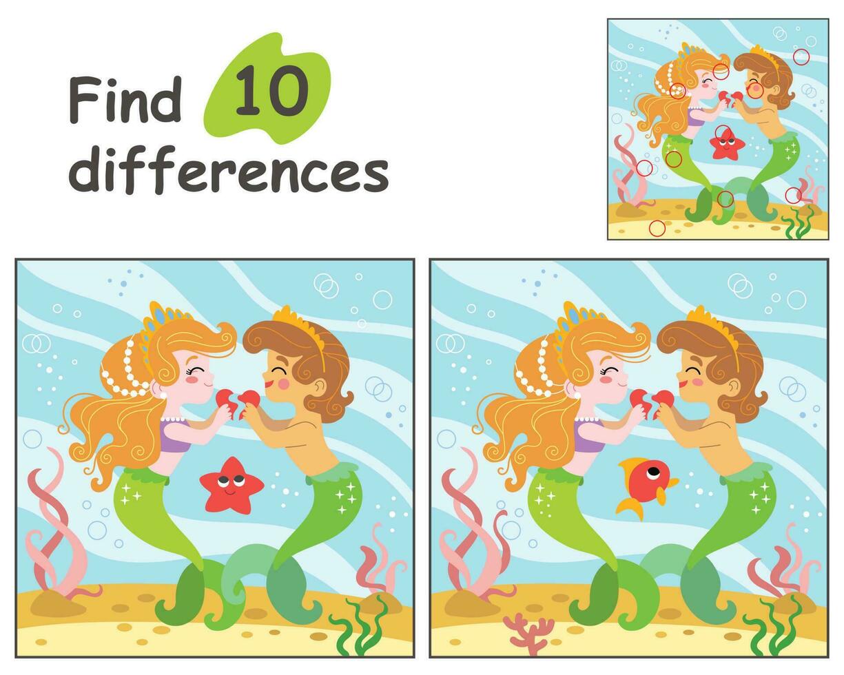 Find 10 differences with two lovers mermaids vector illustration