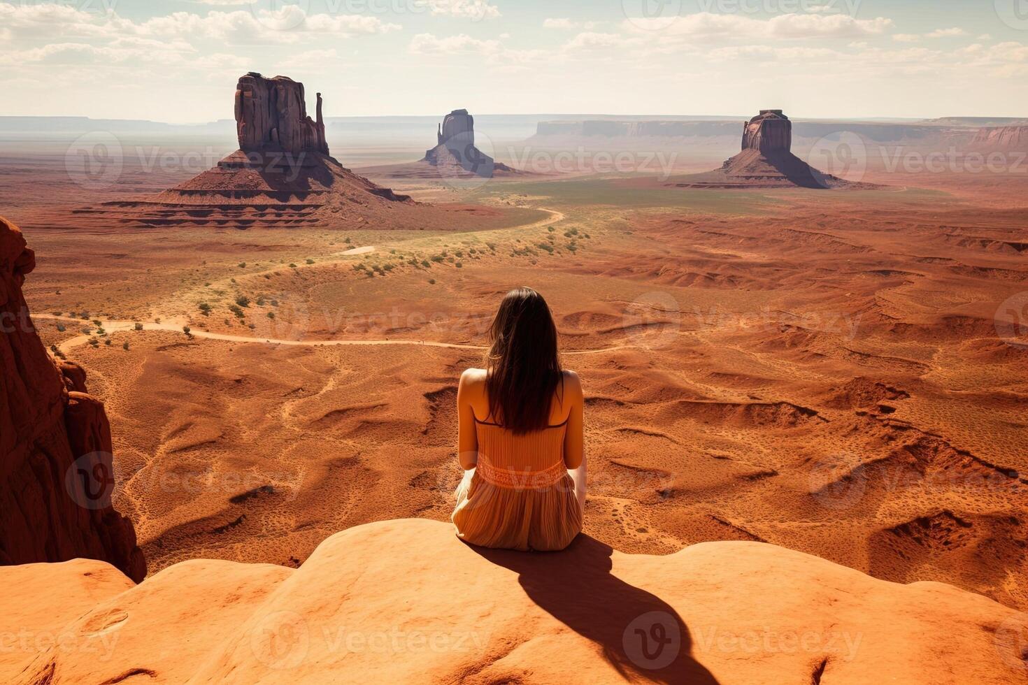 Serene meditative girl contemplating and Looking Out Into The Vast Monument Valley illustration photo