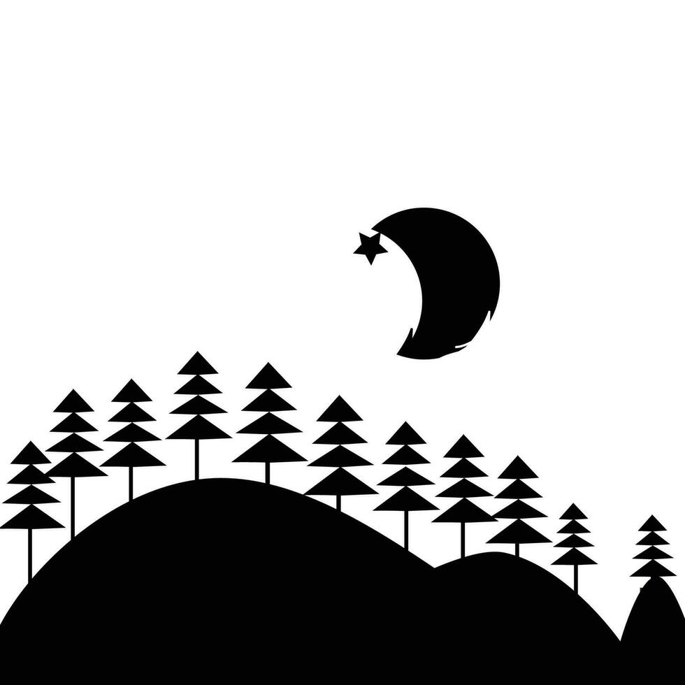 silhouette of fir trees on hillside, with stars and moon vector