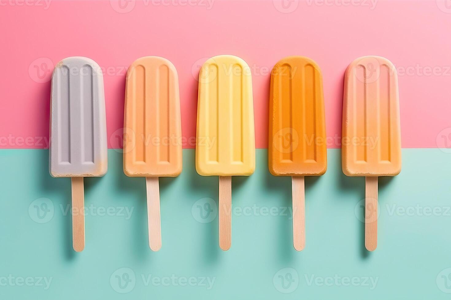 Ice cream sticks on pastel colors background, flat lay. . photo