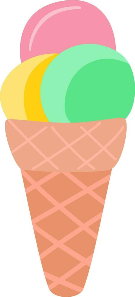 Scoops of colourful ice cream in waffle cone. vector