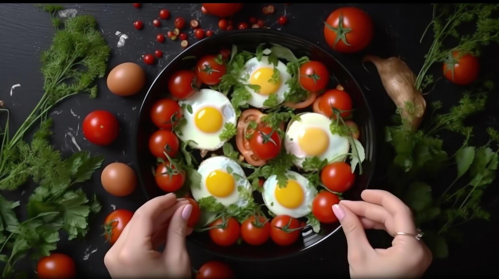 Frying pan with cooked eggs, herbs, cheese, tomatoes. Illustration photo
