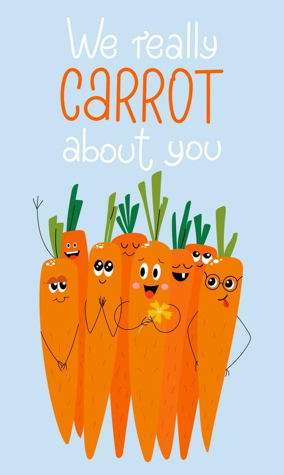 We really carrot about you funny handdrawn design. Handdrawn trendy food characters with different emotions. vector