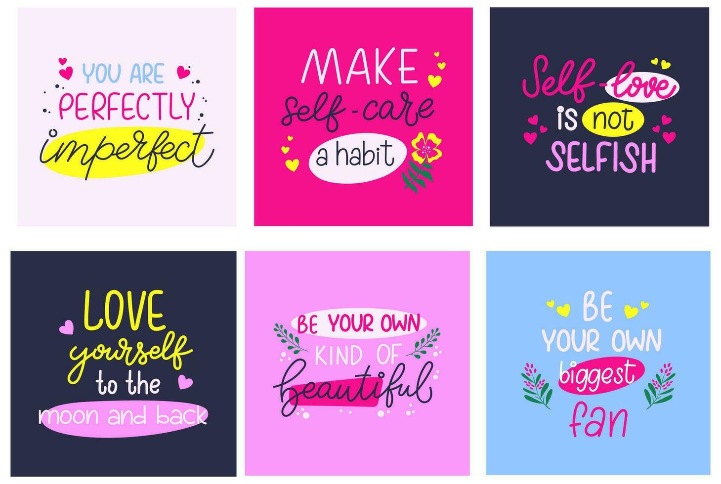 Self love concept greeting cards. Love yourself, be kind, you are perfectly imperfect handwriting lettering design. vector