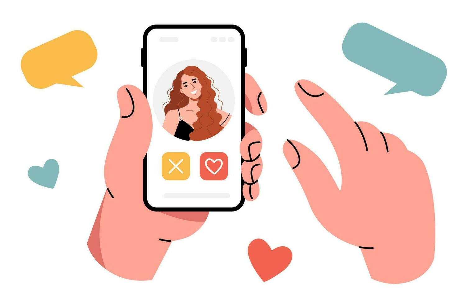 A human hand is holding a smartphone. Dating app. Assign a date to a girl. Message, correspondence, love vector