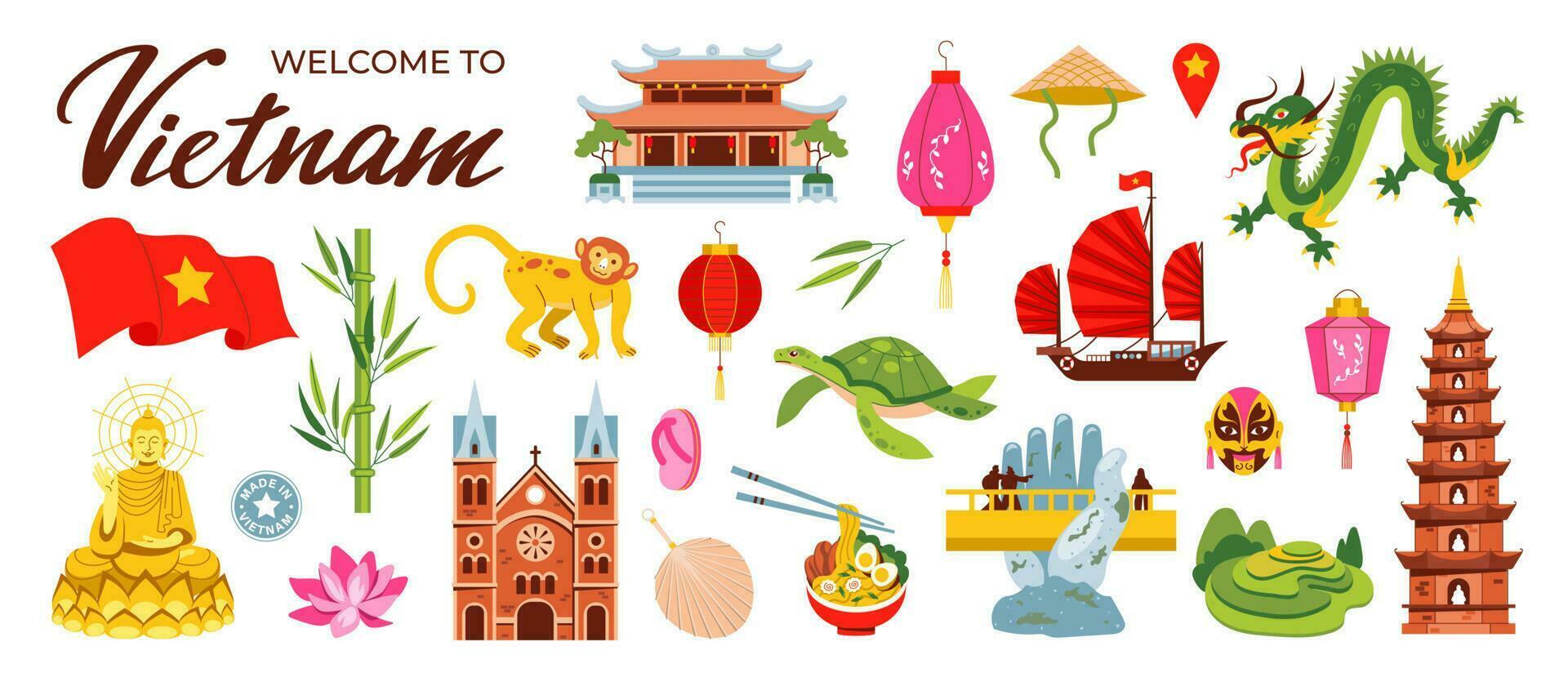 Bienvenido a Vietnam. asiático santuarios, budismo. problema, templo, bambú y continuar. chino linternas, loto. vector