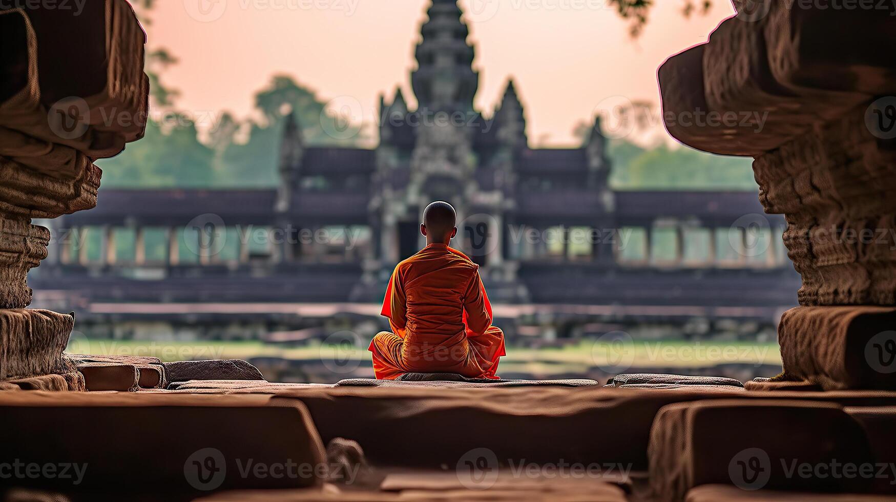 Buddhist monk meditating in front of Pura Besakih temple in Bali, Indonesia. . photo