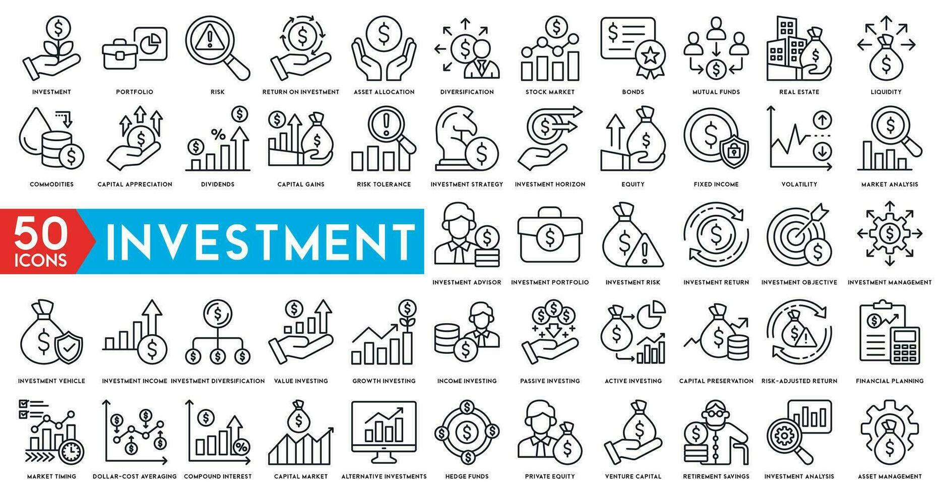 Investment icon set. Containing investor, mutual fund, asset, risk management, economy, financial gain, interest and stock icons vector