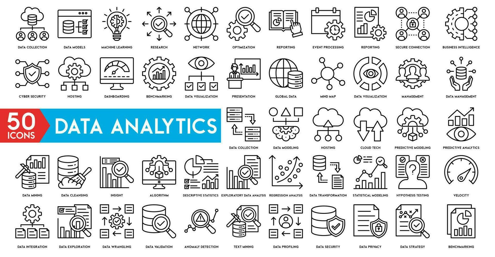 Data analytics icon set. Big data analysis technology symbol. Containing database, statistics, analytics, server, monitoring, computing and network icons vector