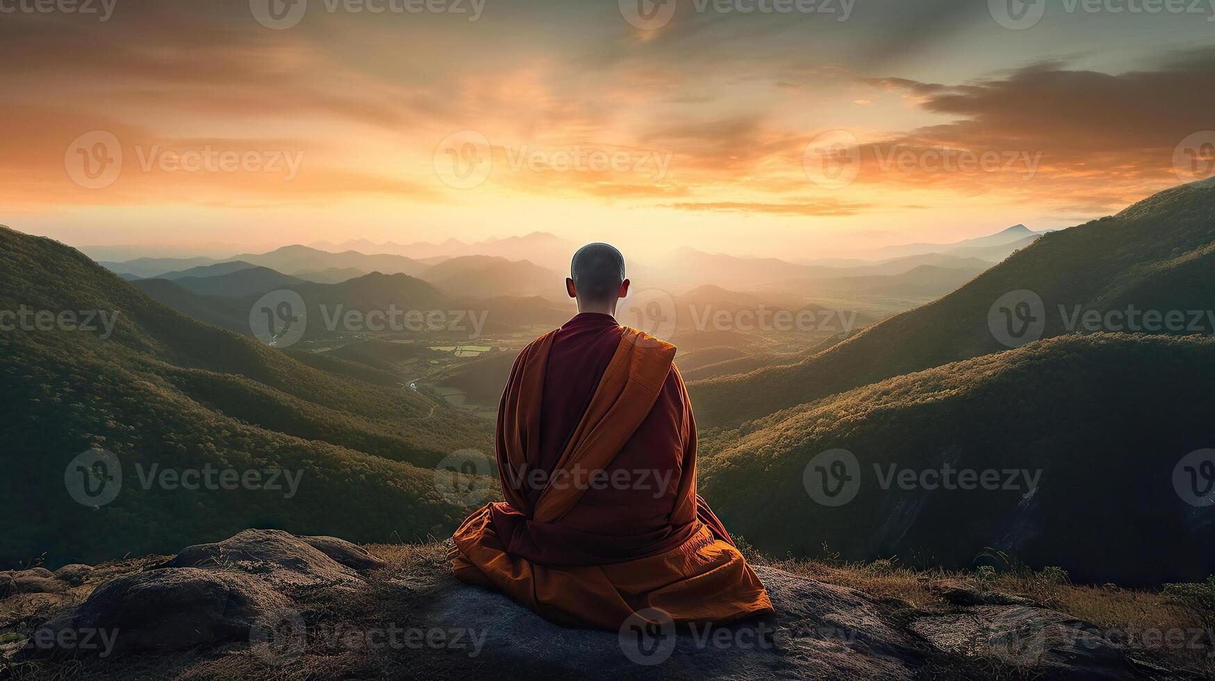 Buddhist monk sitting on the top of mountain and looking at sunrise. . photo