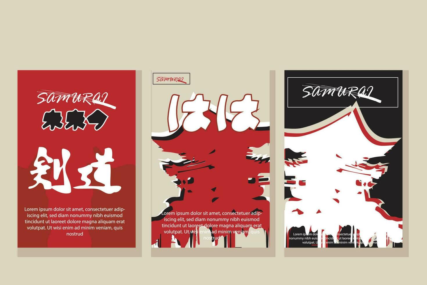 vector collection of Japanese samurai posters. for printing clothes and print media. 90s style japan. art samurai red and black color