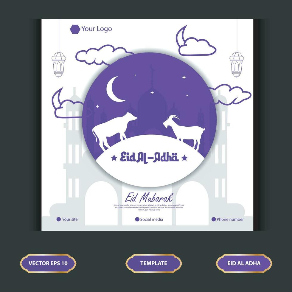 Set Eid al Adha Social Media Post Template. Idul Adha Greeting Card Vector Illustration with vector of sacrificial animals, and Arabic ornaments, mosques, lanterns, Muslims Background