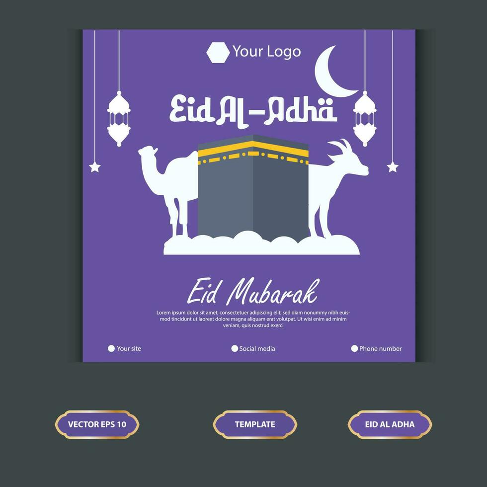 Set Eid al Adha Social Media Post Template. Idul Adha Greeting Card Vector Illustration with vector of sacrificial animals, and Arabic ornaments, mosques, lanterns, Muslims Background