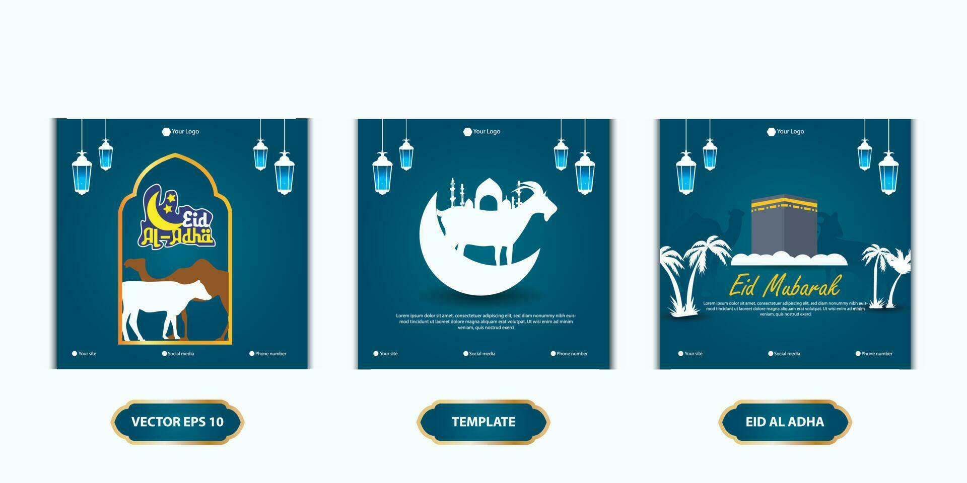 Set Eid al Adha Social Media Post Template. Idul Adha Greeting Card Vector Illustration with vector of sacrificial animals, and Arabic ornaments, mosques, lanterns, Muslims Background